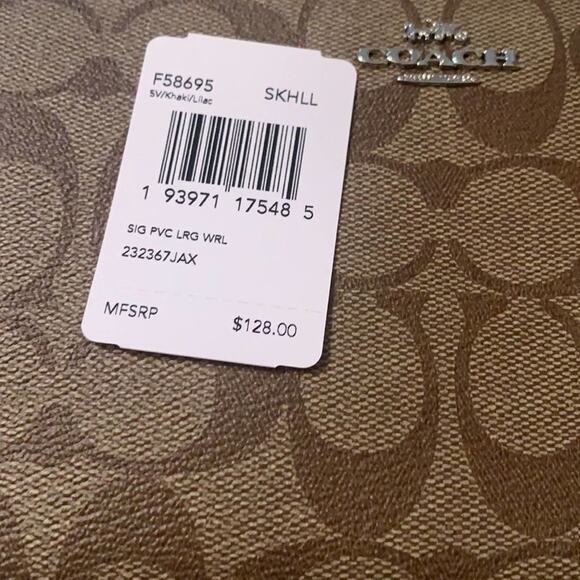 NWT COACH LARGE CORNER ZIP WRISTLET SIGNATURE CANVAS KHAKI PURPLE - Picture 5 of 5